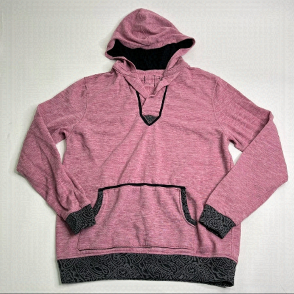 𝅺BOHO Artsy Heathered Pink Grey Paisley Trim Kangaroo Pouch Cozy Hoodie Sweater